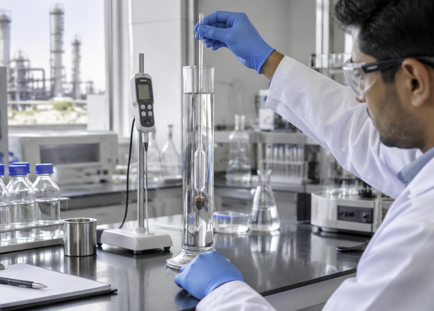 Technician measuring solvent density with a hydrometer